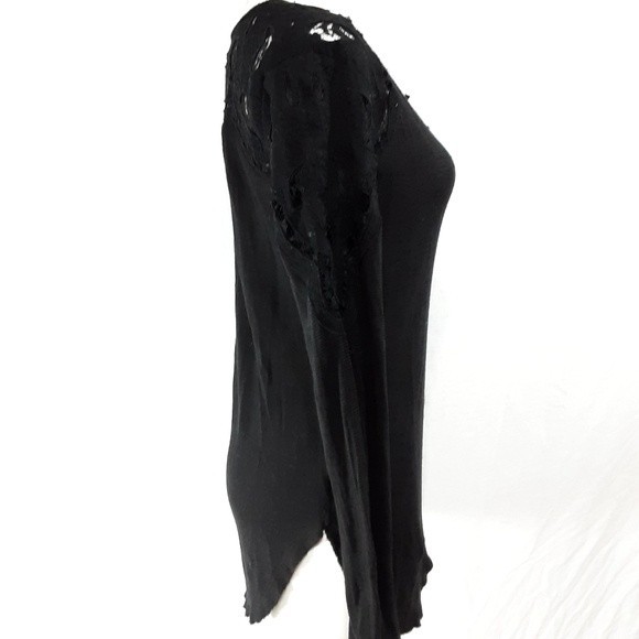 Free People Jennie Tee Black Crochet Trim Lace Up Long Sleeve Top Small Boho - Picture 5 of 10